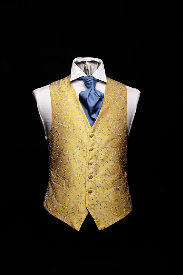 Yellow silk swirl embroidered waistcoat with blue embroidery