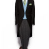 Plain black wool light weight morning coat with grey stripe trousers