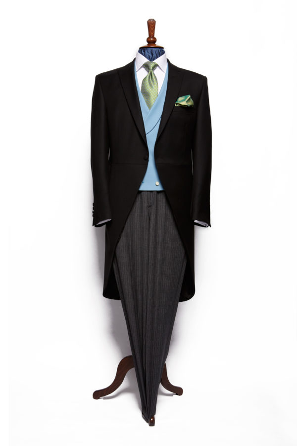 Plain black wool light weight morning coat with grey stripe trousers 1 Plain black wool light weight morning coat with grey stripe trousers
