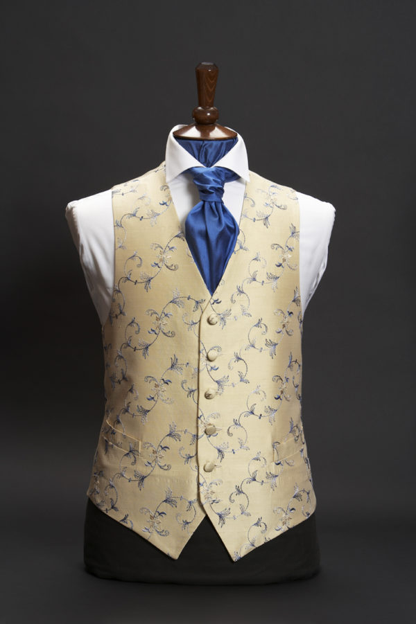 Cream silk waistcoat with blue embroidery