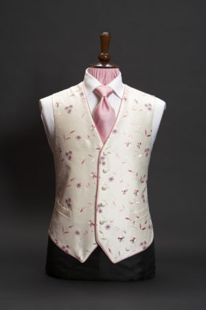 Ivory silk waistcoat with pink and grey embroidery with pink piping