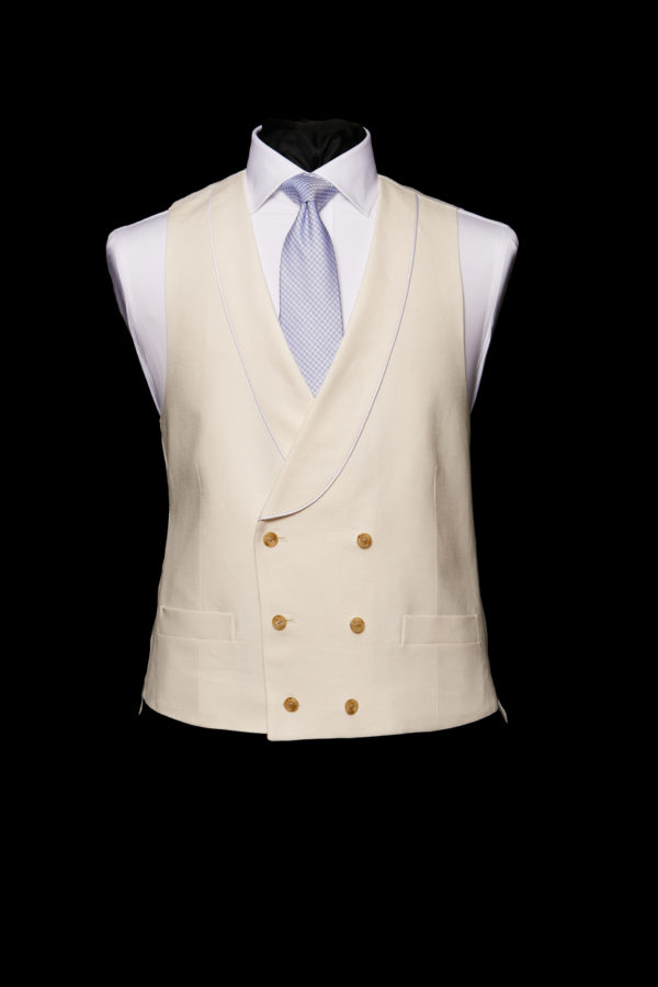 Ivory linen double breasted waistcoat with ivory silk piping