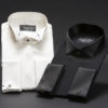 Ivory silk wing collar dress shirt with swarovski detail on the collar