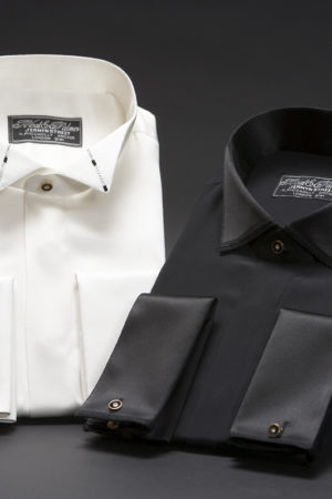 Ivory silk wing collar dress shirt with Swarovski