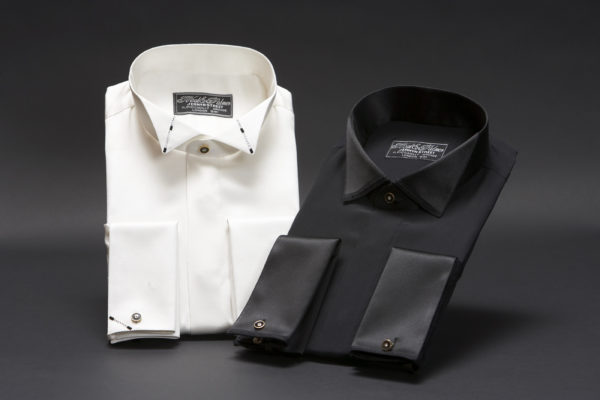 Ivory silk wing collar dress shirt with swarovski detail on the collar