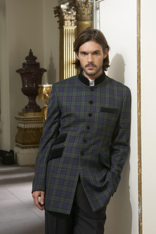 Bespoke Nehru jacket in black watch tartan wool with green velvet collar and pockets