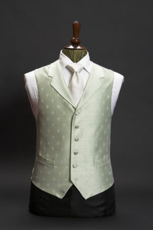 Mint green silk fleur de lis waistcoat with lapels