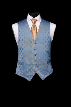 Blue silk waistcoat with gold bees and gold piping