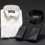 Ivory silk wing collar dress shirt with swarovski detail on the collar