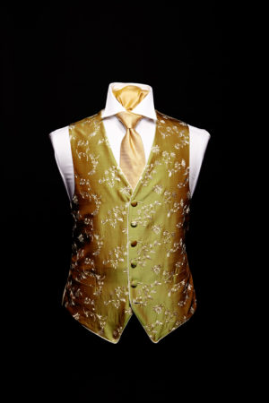 Green silk waistcoat with champagne embroidery and silk piping