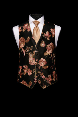 Black and rose gold silk embroidered waistcoat with piping
