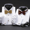 White superfine cotton marcella dress shirts with gold basket weave bow tie