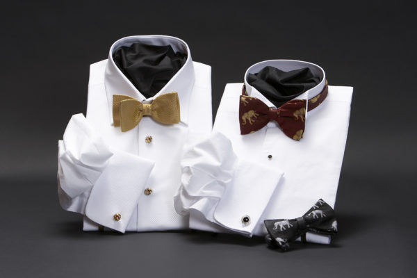 White superfine cotton marcella dress shirts with gold basket weave bow tie