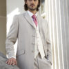 Beige lounge suit with ivory linen waistcoat with light pink embroidery