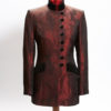 Ladies bespoke red silk banana leaf Nehru jacket with black velvet pockets and buttons