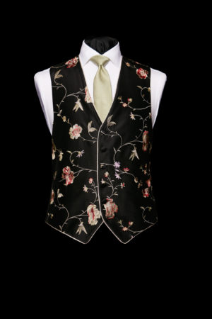 Black floral silk embroidered waistcoat with piping