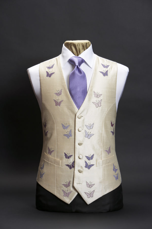 Cream silk waistcoat with embroidered lilac butterflies