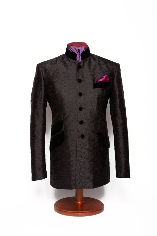 Black silk embroidered swirl Nehru jacket with velvet collar and pockets 1 Black silk embroidered swirl Nehru jacket with velvet collar and pockets