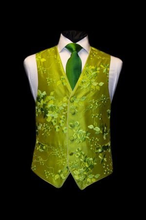 Lime green silk embroidered waistcoat with flowers