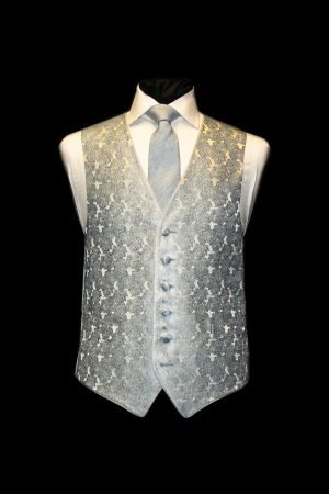 Sky blue silk jacquard waistcoat with roses 