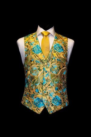 Yellow silk waistcoat with turquoise embroidery