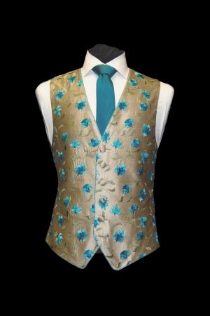 Turquoise and gold silk embroidered waistcoat