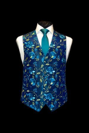 Turquoise and blue silk embroidered waistcoat
