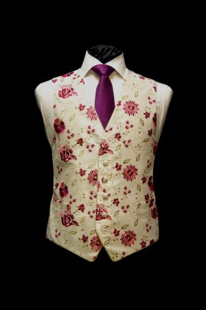 Cream silk waistcoat with fuchsia pink and gold embroidery