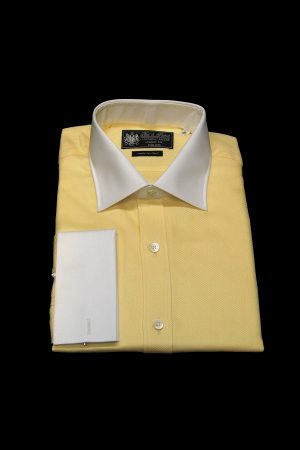 Lemon yellow twill pure cotton white collar and cuff shirt