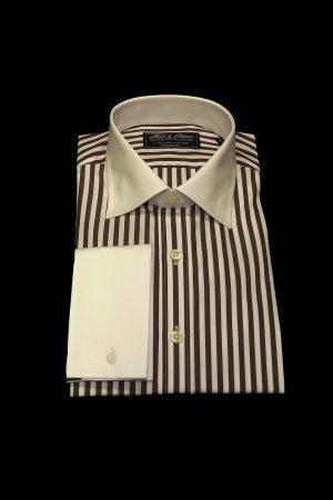 Chocolate brown stripe pure cotton white collar and cuff shirt
